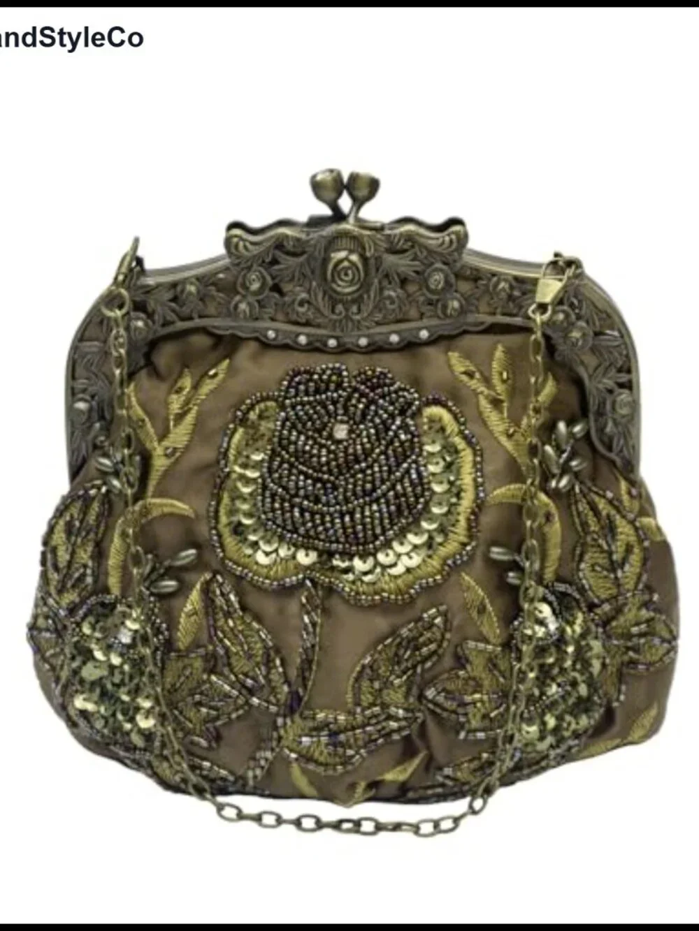 Beaded Rose Evening Clutch Kiss Lock Purse with 2 Chains for Women